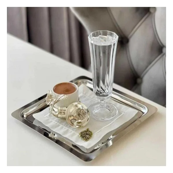 Abant Kare Paslanmaz Çelik 21X21CM Kare Kahve, Söz, Nişan, Servis Sunum Tepsisi - 1 Adet - Görsel 5