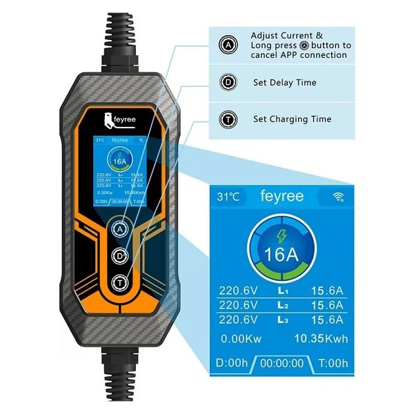 Feyree 16A 3 Faz Tip 2 Şarj Kablosu 11KW Wıfı-App Özellikli 5m Ev Şarj Cihazı Elektrikli Araç Şarj Kablosu Cee Fişli, Değiştirilebilir Akım 8/10/13/16A, IP67 - Görsel 2