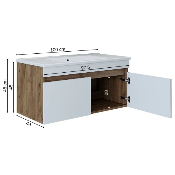Roomart '' Lavabolu '' Atlantik-Beyaz Mat Mdf 100 cm Banyo Alt Dolabı - Beyaz - Görsel 2