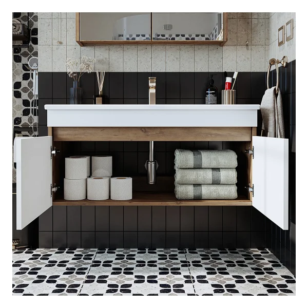 Roomart '' Lavabolu '' Atlantik-Beyaz Mat Mdf 100 cm Banyo Alt Dolabı - Beyaz - Görsel 4