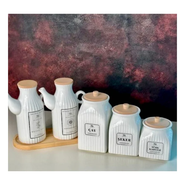 PEMBELİA LİFE 2'li 6 Parça Standlı Çizgili Porselen 1000ML Yağdanlık ve 3'lu Çay Şeker Türk Kahve Kavanoz - Beyaz - 1 lt - Görsel 2