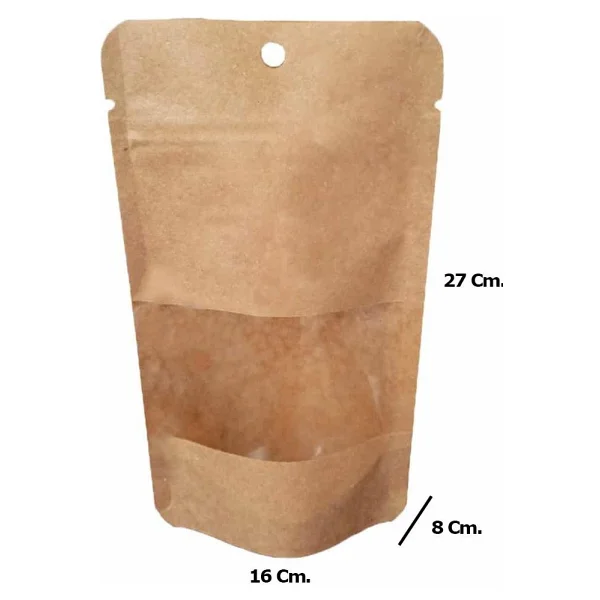 Doypack Pencereli Kraft Delikli Kilitli Kese Kağıdı - Orta Boy - 16X27X8 Cm. - 500 Gr. -20 Adetlik 10 Paket - Görsel 2