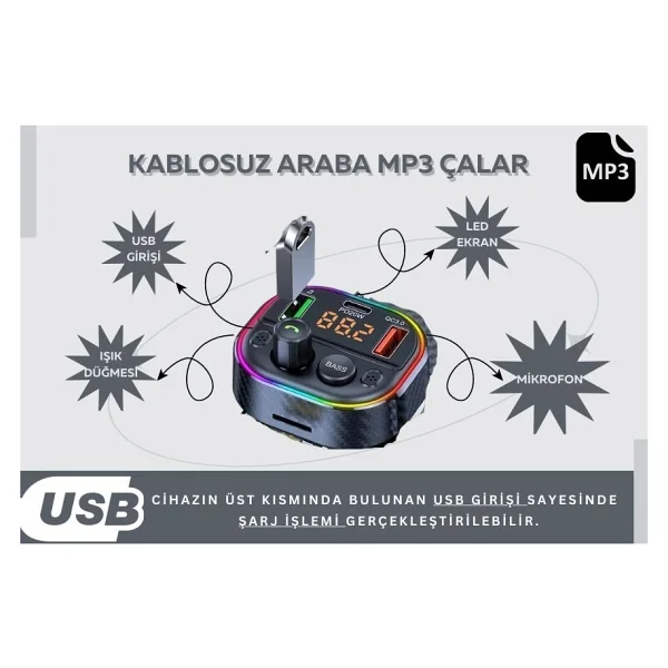Cosmostech Car T86M Araç Fm Transmitter 5.0 Bluetooth Araç Kiti Hızlı 20W Şarj Qc3.0 Çift USB Mp3 Sd Kart Çakmaklık Girişli Oto Müzik Çalar - Görsel 3