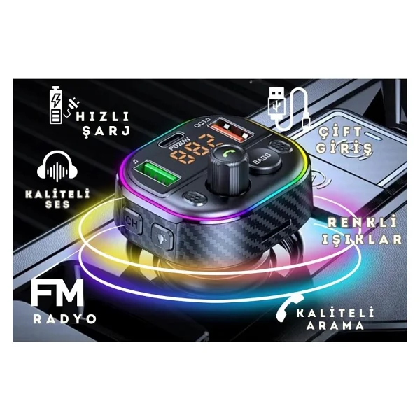 Cosmostech Car T86M Araç Fm Transmitter 5.0 Bluetooth Araç Kiti Hızlı 20W Şarj Qc3.0 Çift USB Mp3 Sd Kart Çakmaklık Girişli Oto Müzik Çalar - Görsel 5