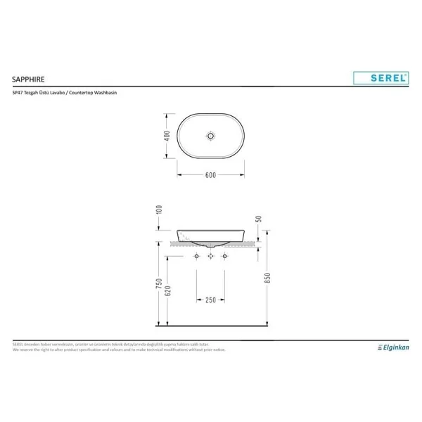 Serel SP46DXS110H Sapphire 40 X 60 cm Tezgah Üstü Lavabo - Görsel 3