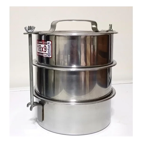 abnturk 3 Kaplı Çelik Sefer Tası 5-6 Kişilik Vidalı Sefertası 18x7cm Yemek Taşıma Kabı Tabldotcu Karavanası - Görsel 4