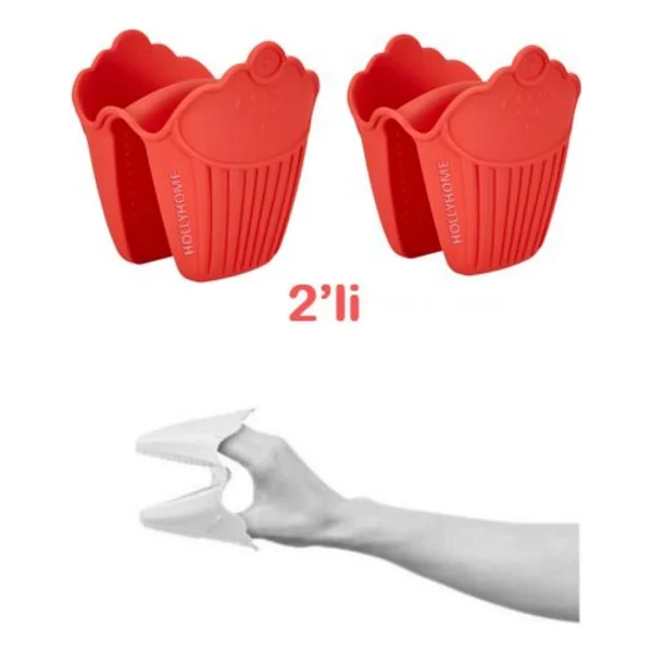Holly Home 2'li Silikon Cupcake Kırmızı Fırın Eldiveni, Tepsi Tutacağı, Mikrodalga Tutacak, Yanmaz Eldiven - Görsel 4