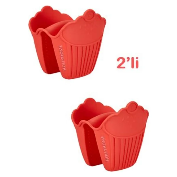 Holly Home 2'li Silikon Cupcake Kırmızı Fırın Eldiveni, Tepsi Tutacağı, Mikrodalga Tutacak, Yanmaz Eldiven - Görsel 3