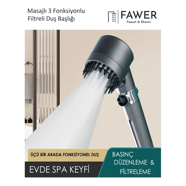 FAWER Faucet & Shower Filtreli 3 Fonksiyonlu Yüksek Basınçlı Taraklı Start Stop Gri Banyo Duş Başlığı - Görsel 5