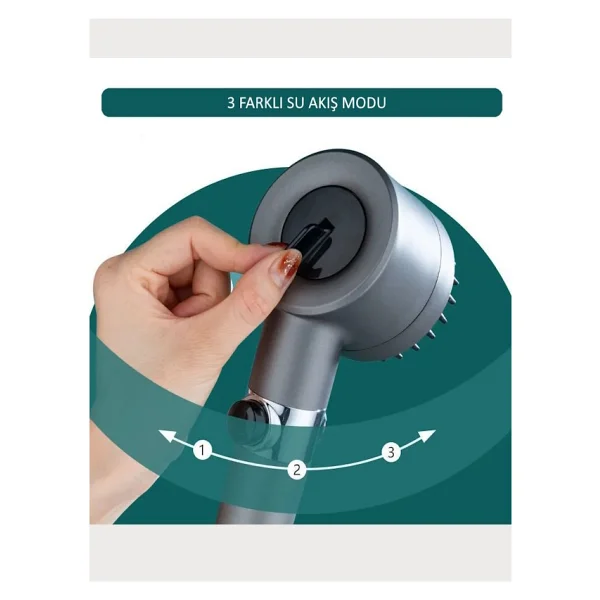 FAWER Faucet & Shower Filtreli 3 Fonksiyonlu Yüksek Basınçlı Taraklı Start Stop Gri Banyo Duş Başlığı - Görsel 3
