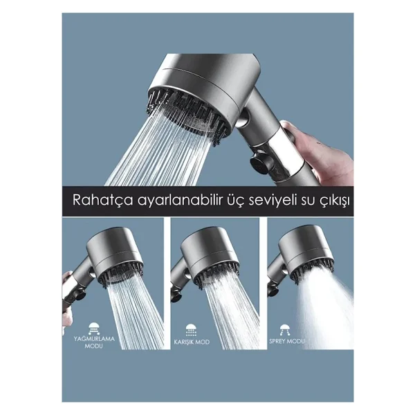FAWER Faucet & Shower Filtreli 3 Fonksiyonlu Yüksek Basınçlı Taraklı Start Stop Gri Banyo Duş Başlığı - Görsel 4