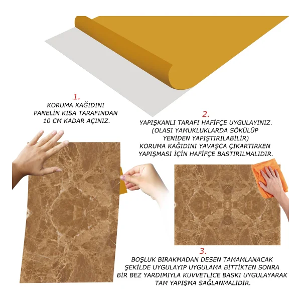 Tink Kendinden Yapışkanlı Açık Kahverengi Mermer Desenli Pvc Panel 41X62 cm (12 Adet) 3 M2 - Görsel 3