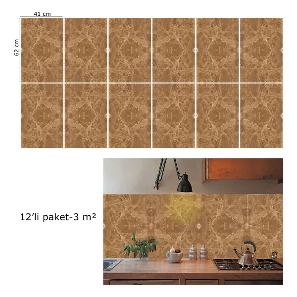 Tink Kendinden Yapışkanlı Açık Kahverengi Mermer Desenli Pvc Panel 41X62 cm (12 Adet) 3 M2 - Görsel 5