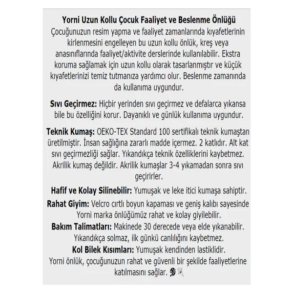 Yorni Family 7-12 Yaş Sıvı Geçirmeyen, Çocuk Aktivite Boyama, Faaliyet, Etkinlik Önlüğü - Beyaz - Görsel 9
