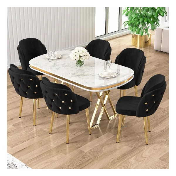Canisa Zae Serisi 90x168 Lak Panel Beyaz Mermer Desen Gold Ayak Masa Takımı 6 Krem Sandalye - Görsel 10
