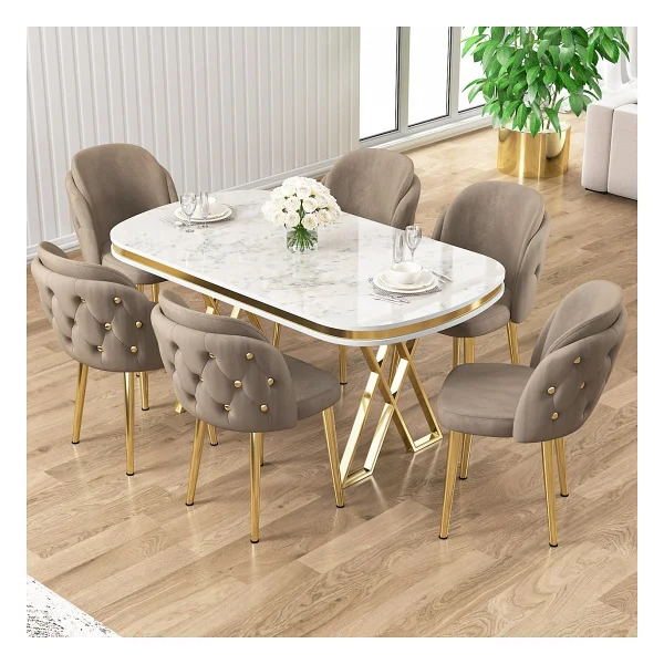 Canisa Zae Serisi 90x168 Lak Panel Beyaz Mermer Desen Gold Ayak Masa Takımı 6 Krem Sandalye - Görsel 9