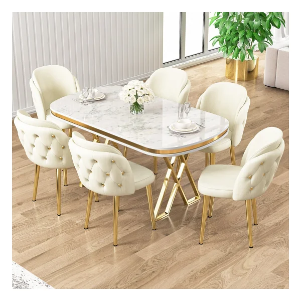 Canisa Zae Serisi 90x168 Lak Panel Beyaz Mermer Desen Gold Ayak Masa Takımı 6 Krem Sandalye - Görsel 8