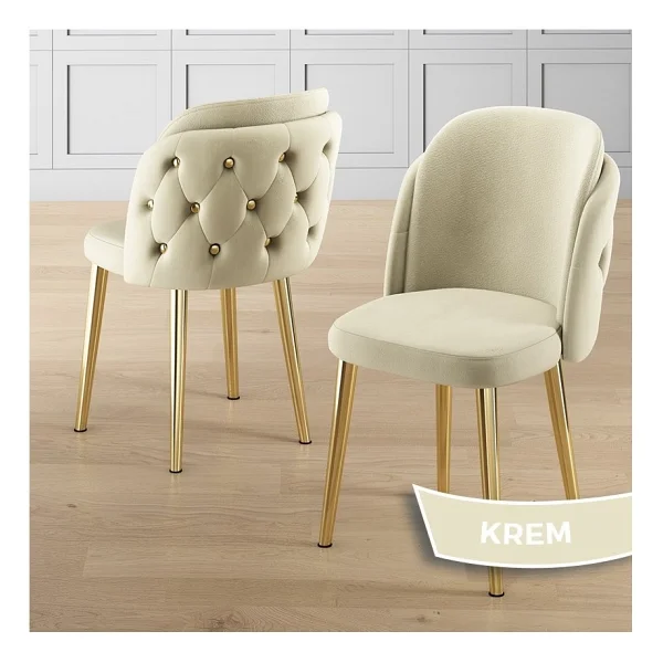 Canisa Zae Serisi 90x168 Lak Panel Beyaz Mermer Desen Gold Ayak Masa Takımı 6 Krem Sandalye - Görsel 2