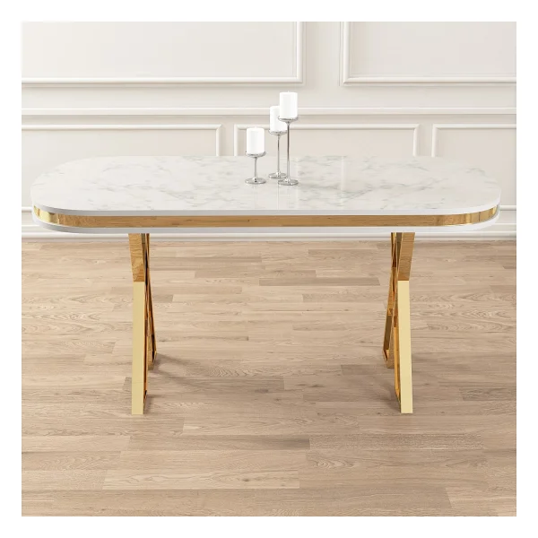Canisa Zae Serisi 90x168 Lak Panel Beyaz Mermer Desen Gold Ayak Masa Takımı 6 Krem Sandalye - Görsel 4