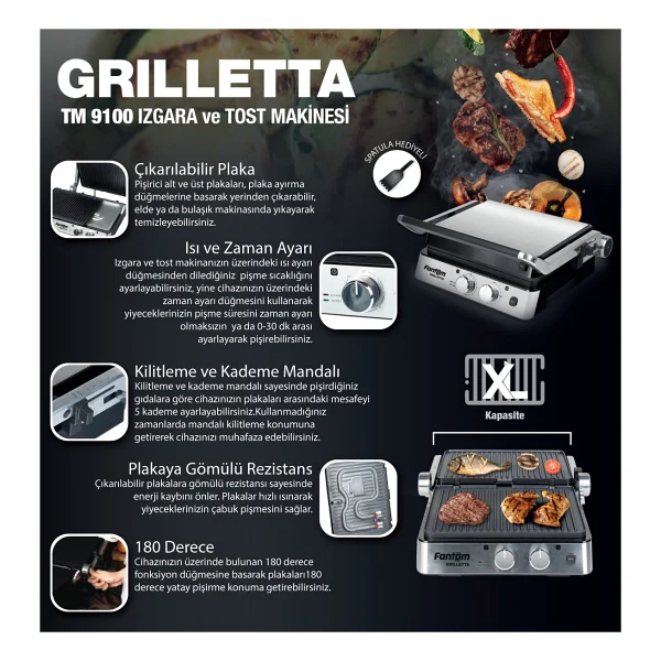 Fantom Grilletta TM 9100 2000 W Izgara ve Tost Makinesi - Görsel 3