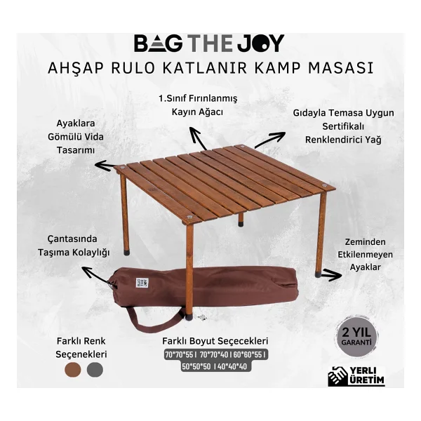 Bag The Joy 70x70 cm Kahverengi Ahşap Rulo Katlanır Kamp Masası - Görsel 4