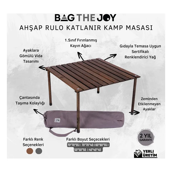 Bag The Joy 70x70 cm Antrasit Ahşap Rulo Katlanır Kamp Masası - Görsel 5
