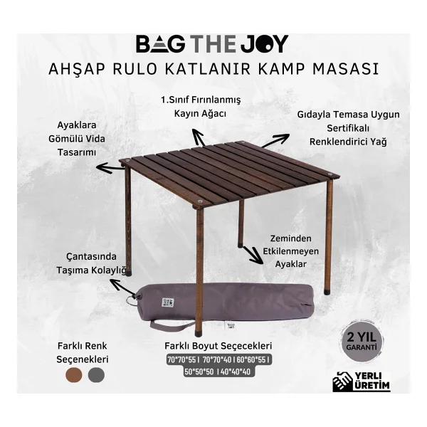 Bag The Joy 70x70 cm Antrasit Ahşap Katlanır Kamp Masası - Görsel 6