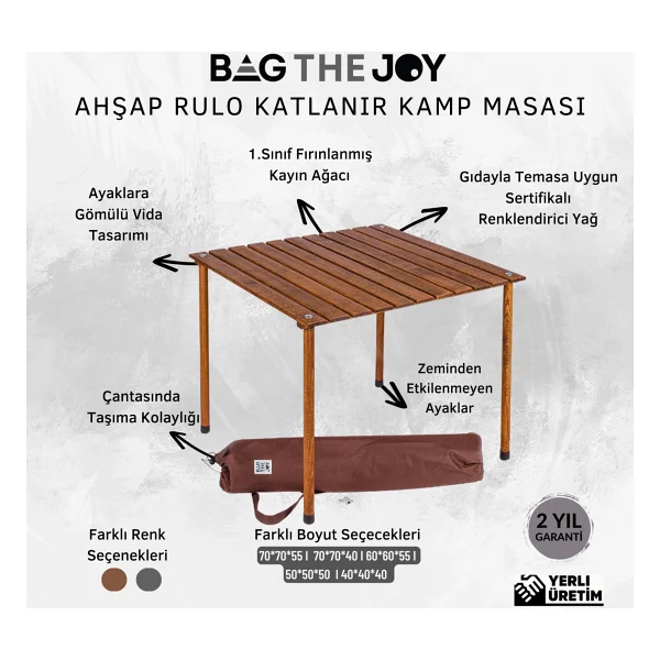 Bag The Joy 70x70 cm Ahşap Katlanır Kamp Masası - Görsel 6