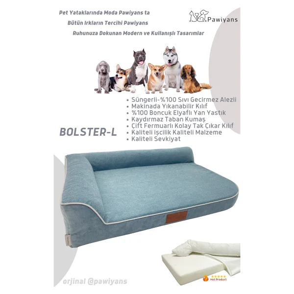 Pawiyans Bolster-L Üst Kalite Köpek Yatağı Süngerli Sıvı Geçirmez Alezli. %100 Elyaflı. 2 Fermuarlı - 57 x 71 cm - Petrol Mavisi - Görsel 7