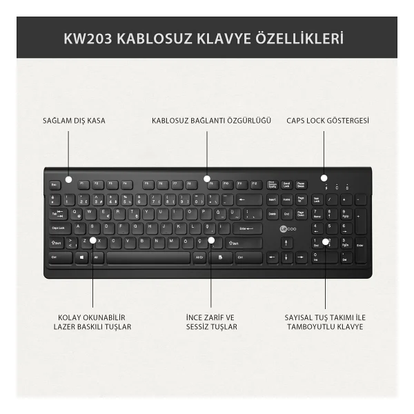 Lenovo Lecoo KW203 Siyah Kablosuz Klavye Mouse Seti - Görsel 6