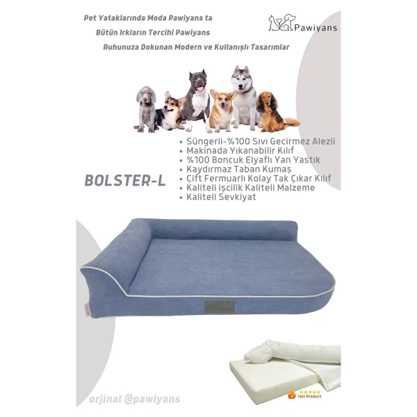 Pawiyans Bolster-L Üst Kalite Köpek Yatağı Süngerli Sıvı Geçirmez Alezli. %100 Elyaflı. 2 Fermuarlı - 57 x 71 cm - Petrol Mavisi - Görsel 2