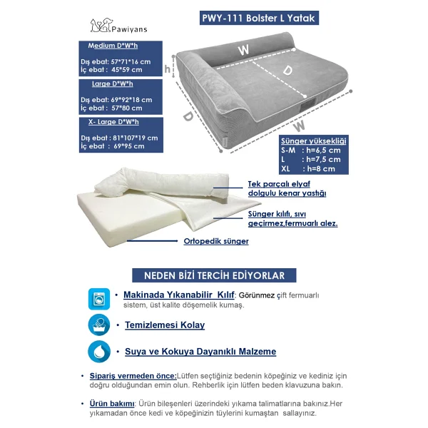 Pawiyans Bolster-L Üst Kalite Köpek Yatağı Süngerli Sıvı Geçirmez Alezli. %100 Elyaflı. 2 Fermuarlı - 57 x 71 cm - Petrol Mavisi - Görsel 3