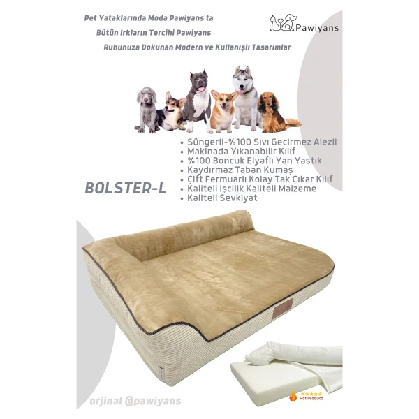 Bolster-L Üst Kalite Köpek Yatağı Süngerli Sıvı Geçirmez Alezli. %100 Elyaflı. 2 Fermuarlı - 69 x 92 cm - Krem - Görsel 2
