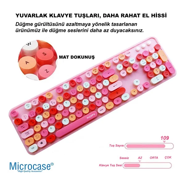Microcase Mofii Sweet Serisi Renkli Kablosuz Klavye Mouse Set Türkçe AL4259 (Pembe) - Görsel 2