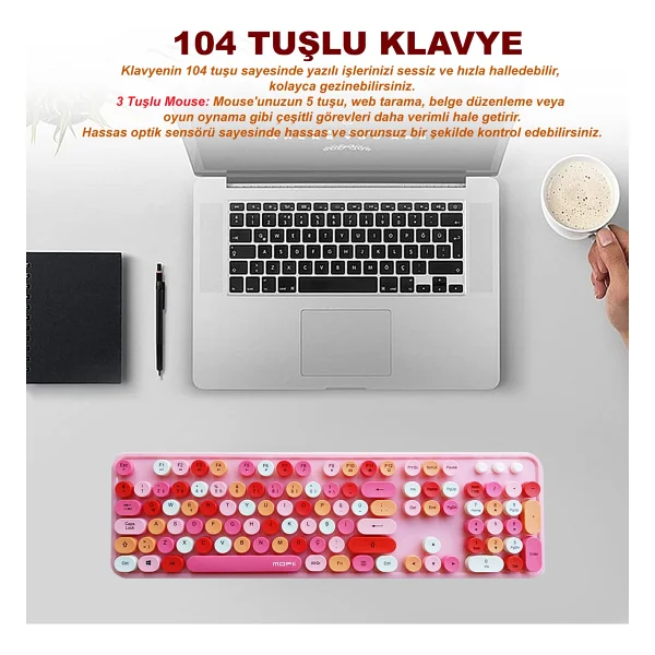 Microcase Mofii Sweet Serisi Renkli Kablosuz Klavye Mouse Set Türkçe AL4259 (Pembe) - Görsel 5