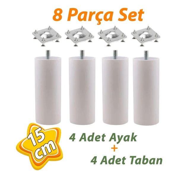 Glaswen 4 Adet Destek Ayağı 15 cm Beyaz ve 4 Adet Düz Ayak Tabanı M8 Civatalı Ince Diş Mobilya Kanepe Baza Seti - Görsel 6