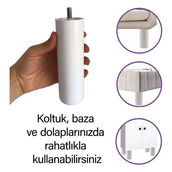 Glaswen 4 Adet Destek Ayağı 15 cm Beyaz ve 4 Adet Düz Ayak Tabanı M8 Civatalı Ince Diş Mobilya Kanepe Baza Seti - Görsel 2