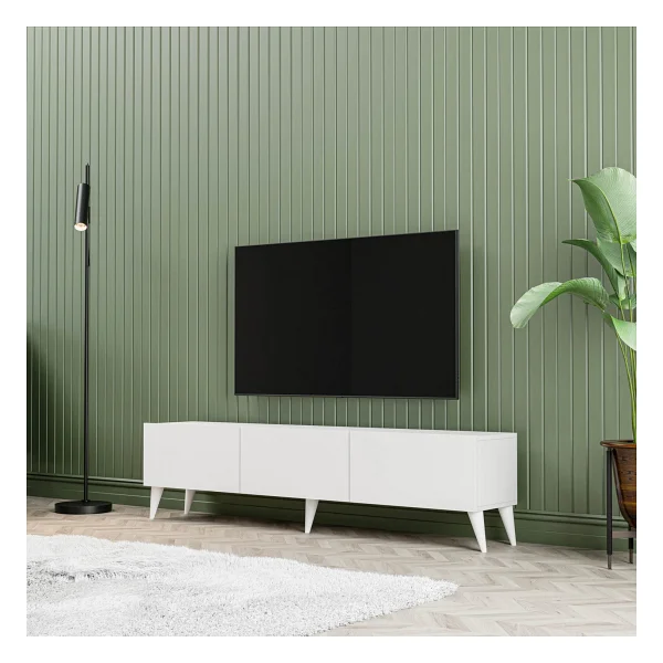 Mezza 1240 Eva 3 Kapaklı Kulpsuz 150 cm Ayaklı Tv Ünitesi Beyaz - Görsel 6