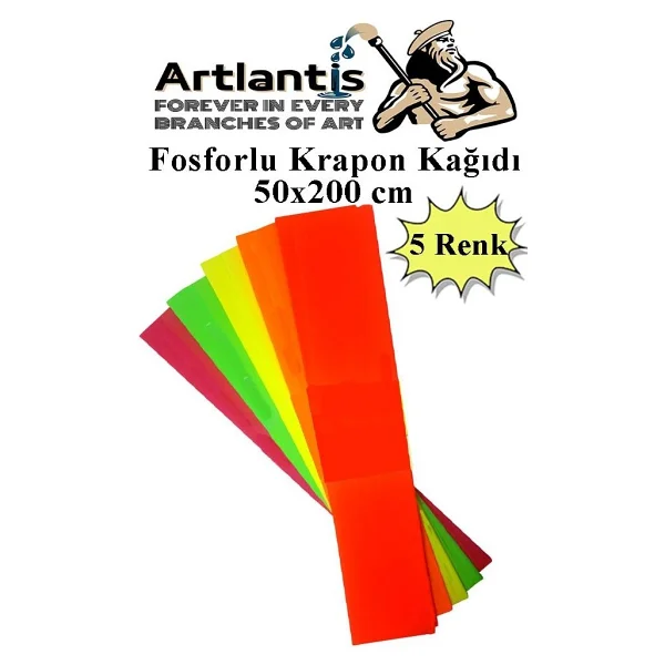 Artlantis Fosforlu Krapon Kağıdı 5 Renk 50x200 cm 1 Paket Grapon Kağıdı Karışık Renkli 5'li Okul Sınıf Kreş - Görsel 6