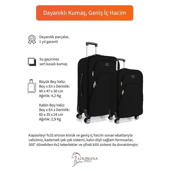 Louisiana Polo 1081 Kumaş Siyah Kabin + Büyük Boy 2'li Valiz Seti - Görsel 8