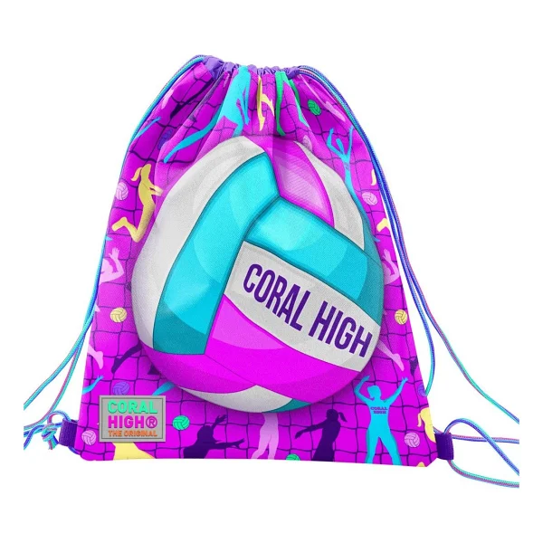 Coral High Kids Pembe Mor Voleybol Desenli İpli Büzgülü Sırt Çantası 12649 - Görsel 2