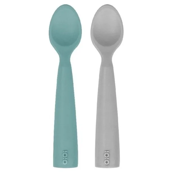 OiOi 6+ Ay İçin Ergonomik Tasarımlı Nam Nam Kaşık 2'li Aqua Green - Powder Grey Yumuşak Silikon - Gri - Görsel 2