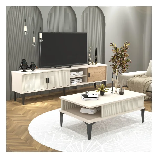 Cool Home Marin Tv Ünitesi 180 cm - Orta Sehpa Seti Çizgi desenli , Raflı , Sis Gri - Görsel 2