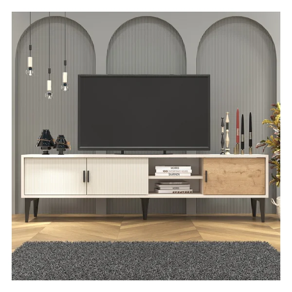 Cool Home Marin Tv Ünitesi 180 cm - Orta Sehpa Seti Çizgi desenli , Raflı , Sis Gri - Görsel 4
