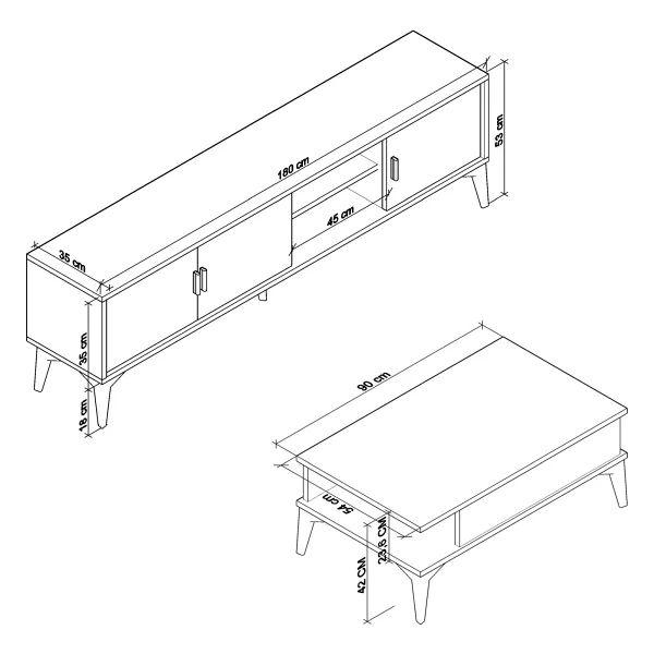 Cool Home Marin Tv Ünitesi 180 cm - Orta Sehpa Seti Çizgi desenli , Raflı , Sis Gri - Görsel 5