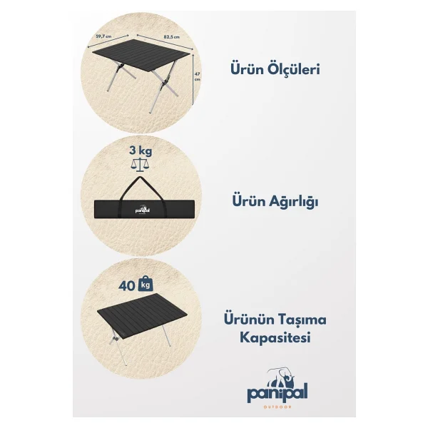 Panipal L 82.5x59.5 cm Alüminyum Katlanır Kamp Masası - Görsel 3