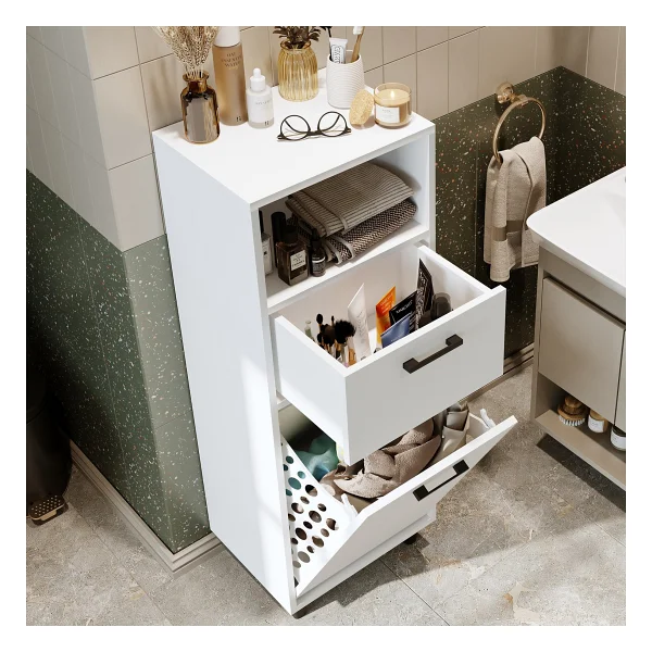 Roomart Çamaşır Sepetli Banyo Dolabı, Çok Amaçlı Çekmeceli Dolap 45 Cm Beyaz - Görsel 2