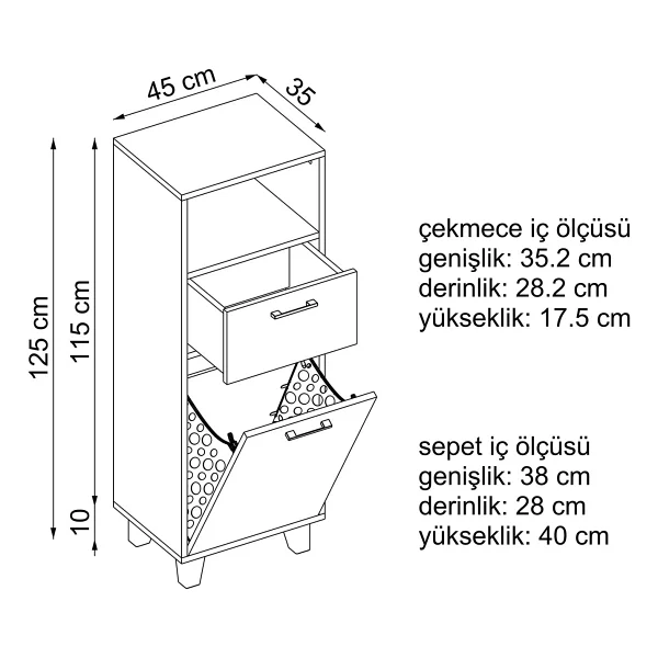 Roomart Çamaşır Sepetli Banyo Dolabı, Çok Amaçlı Çekmeceli Dolap 45 Cm Beyaz - Görsel 4