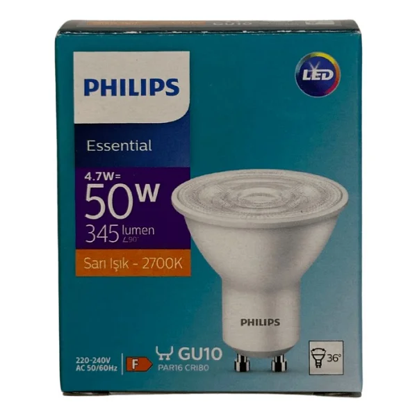 Philips 4,7W (50W) 2700K (Sarı Işık) GU10 Duylu PAR16 LED Spot (10 Adet) - Görsel 4