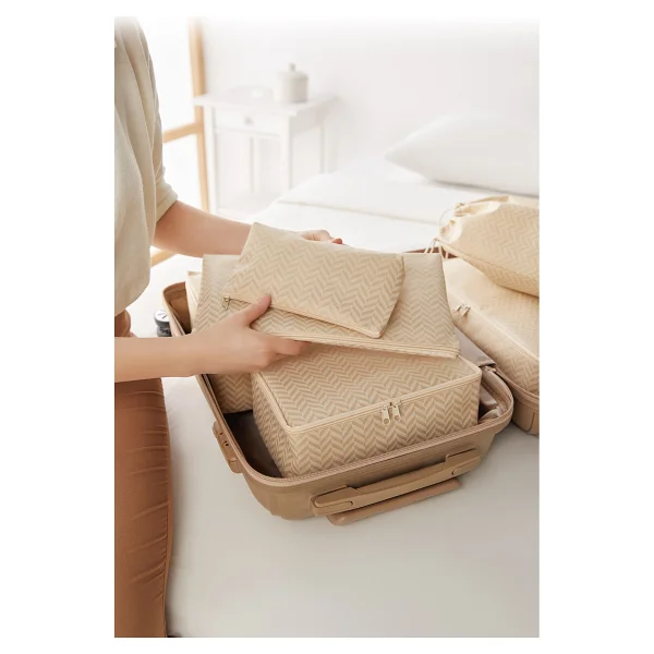 Ocean Home Textile 6'lı Bej Balıksırtı Valiz Düzenleyici Bavul İçi Organizer Set - Açık Bej - Görsel 6